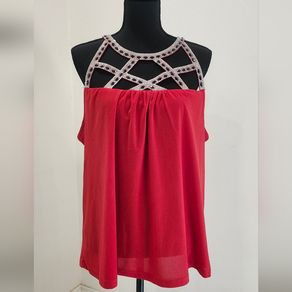 Elegant Red Sleeveless Blouse with Embellished Neckline